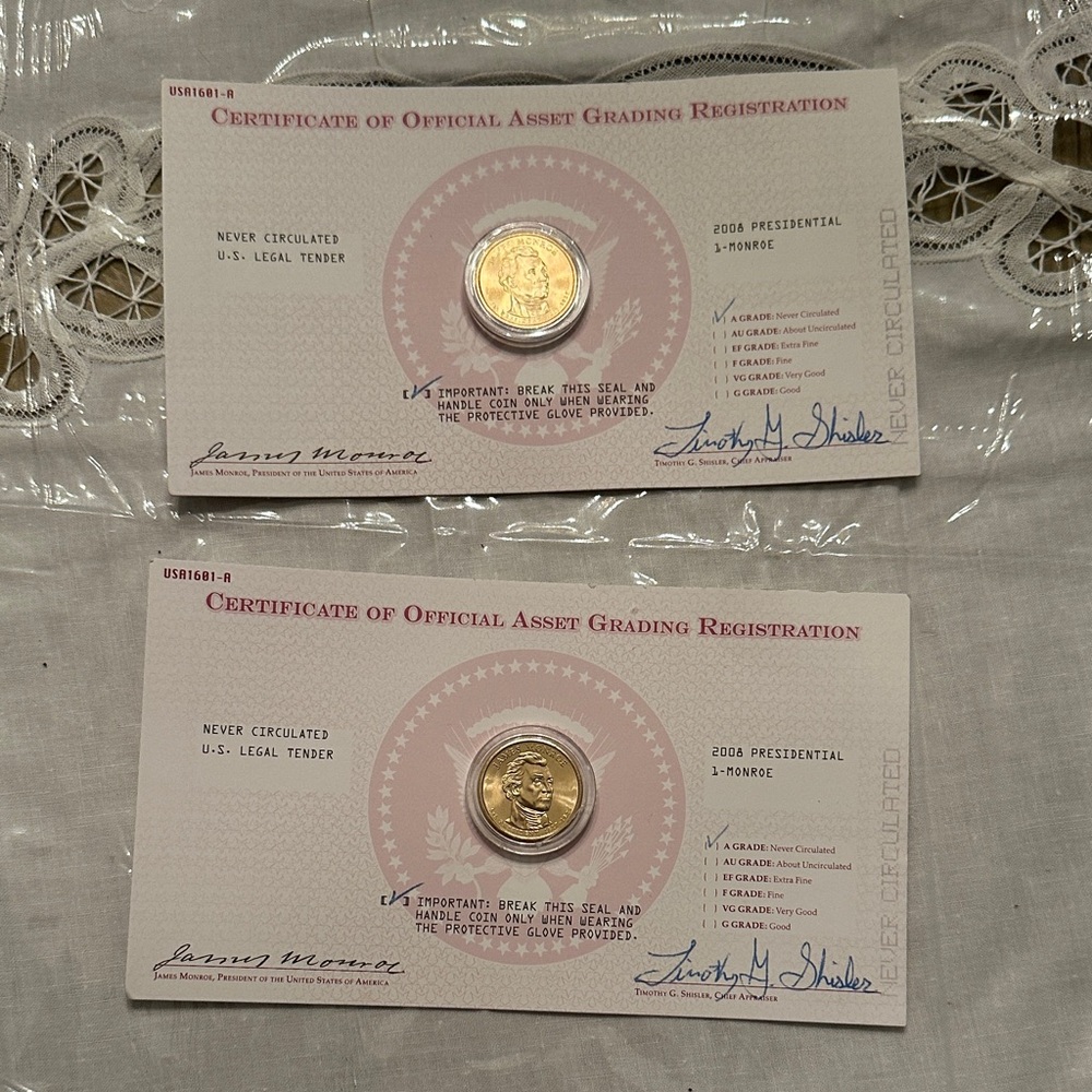 2 Never circulated James Monroe 2008 Presidential Coins on pink and white cards